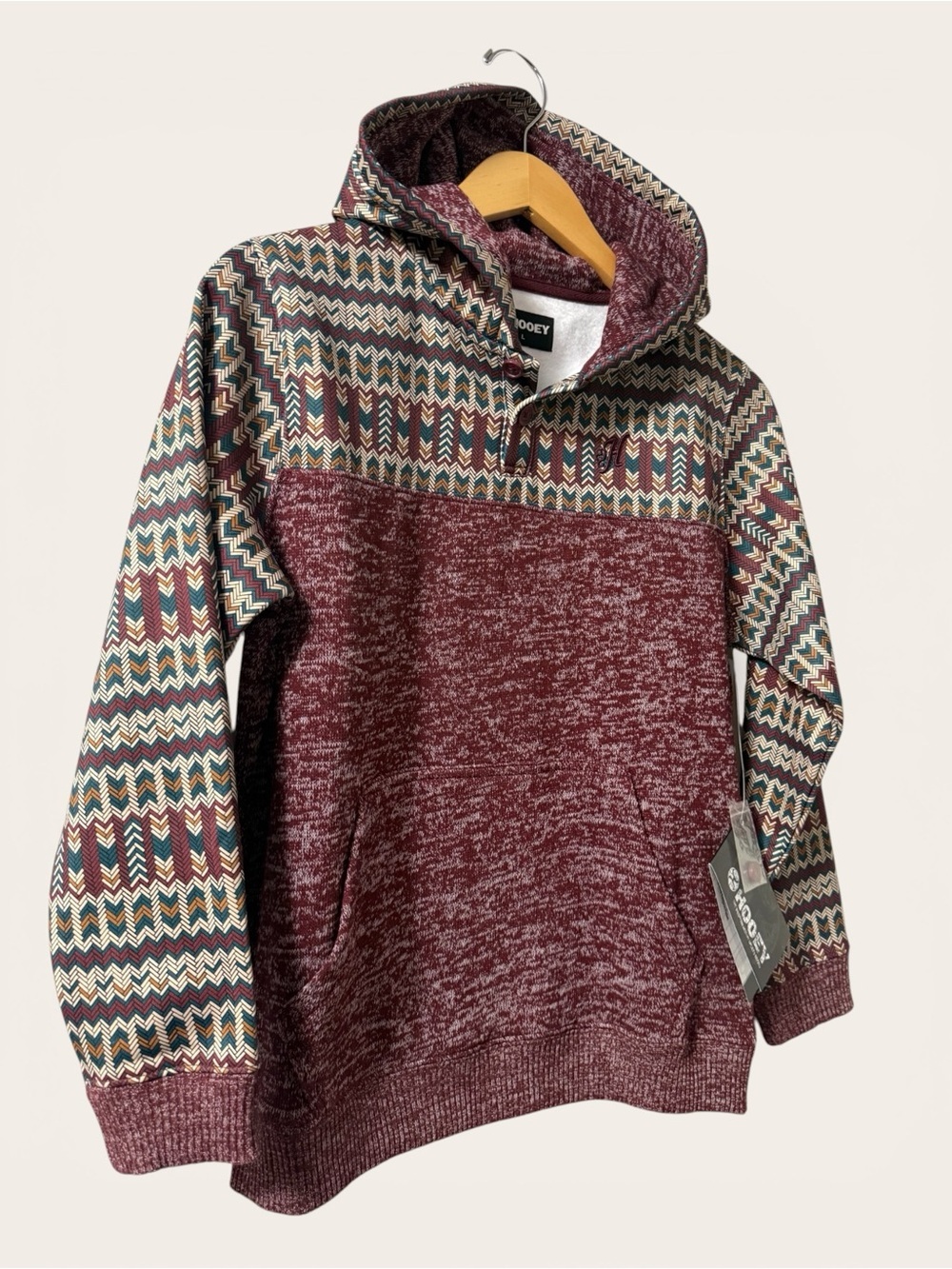 HOOEY Men's Maroon Jimmy Aztec Patterned Pullover Hoodie 0166 - Picture 3 of 12